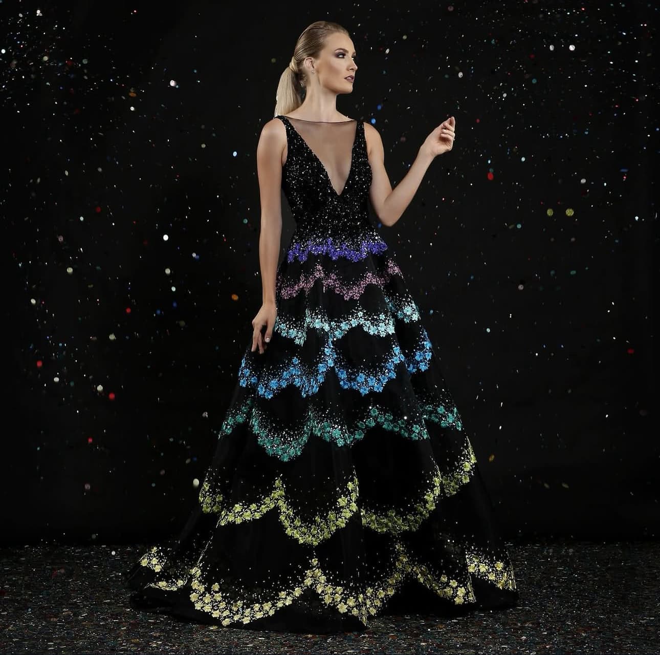 La Bourjoisie Black Multicolor Embellished Gown
