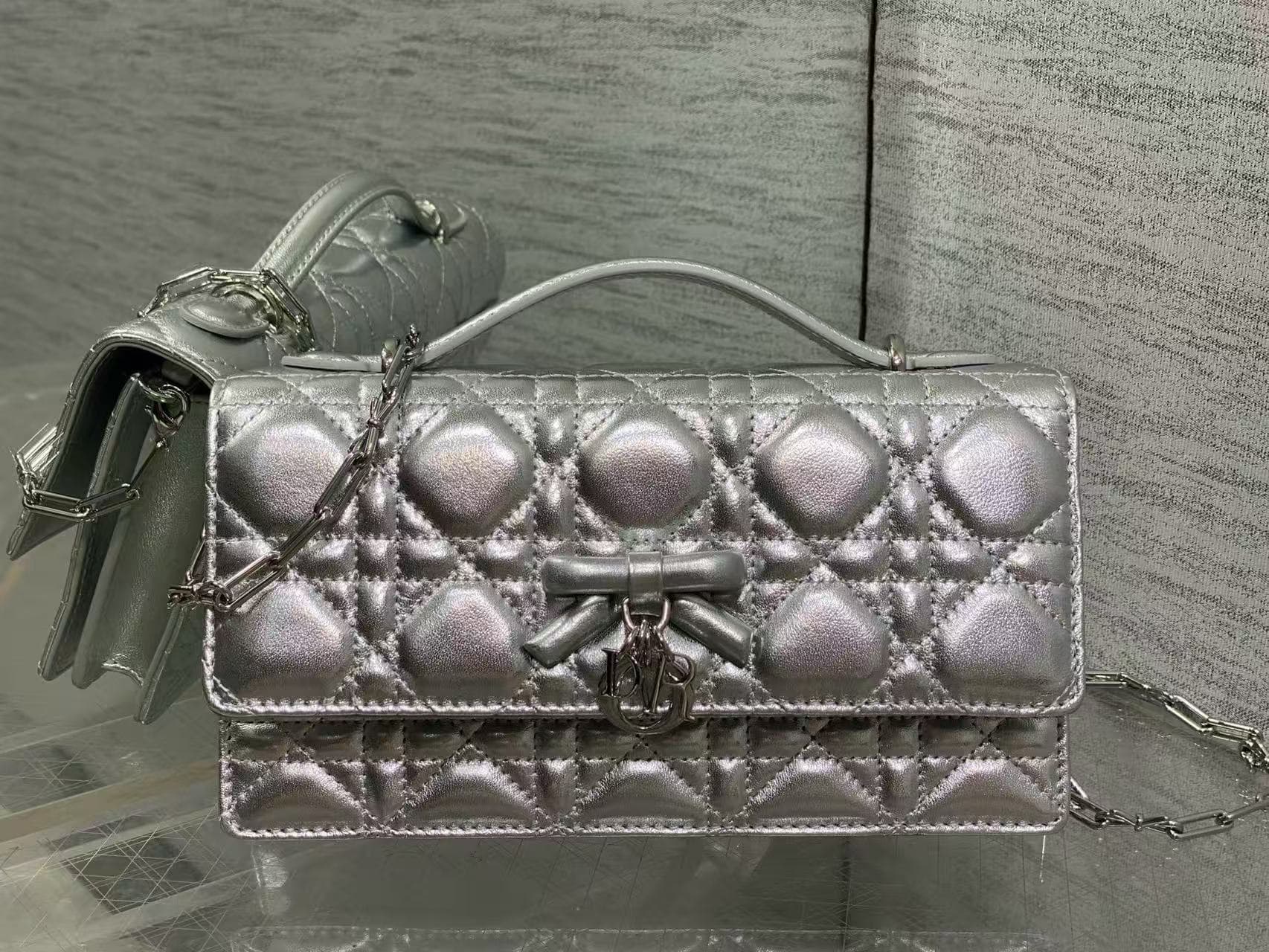 Miss Dior Metallic Silver Top Handle Chain Bag