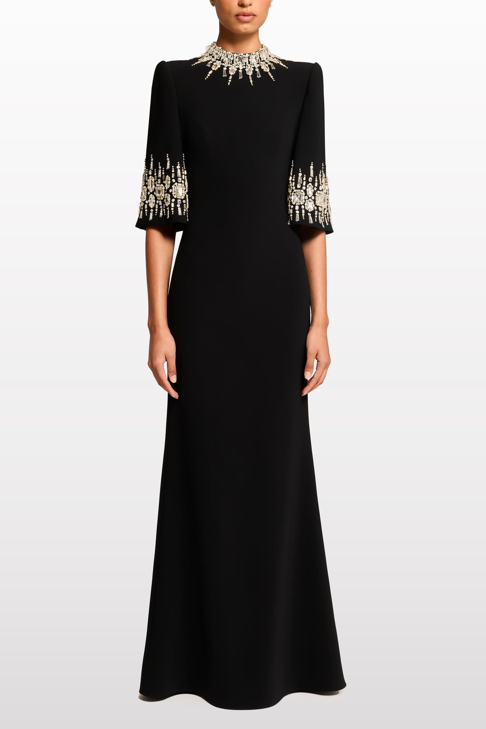 Jenny Packham Black Crystal-Embellished Gown with Embellished Neckline and Sleeves