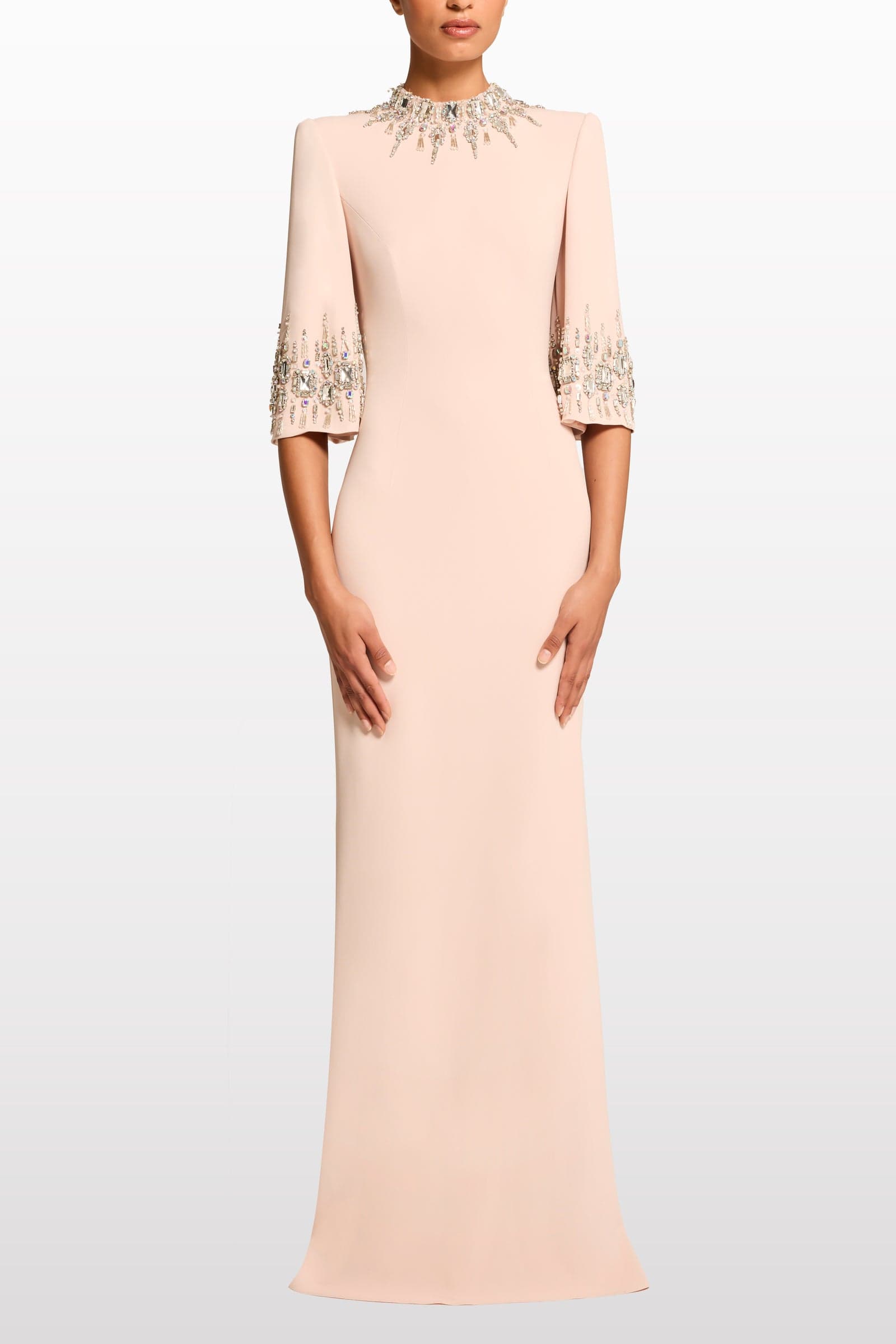 Jenny Packham Blush Crystal-Embellished Gown with Embellished Neckline and Sleeves