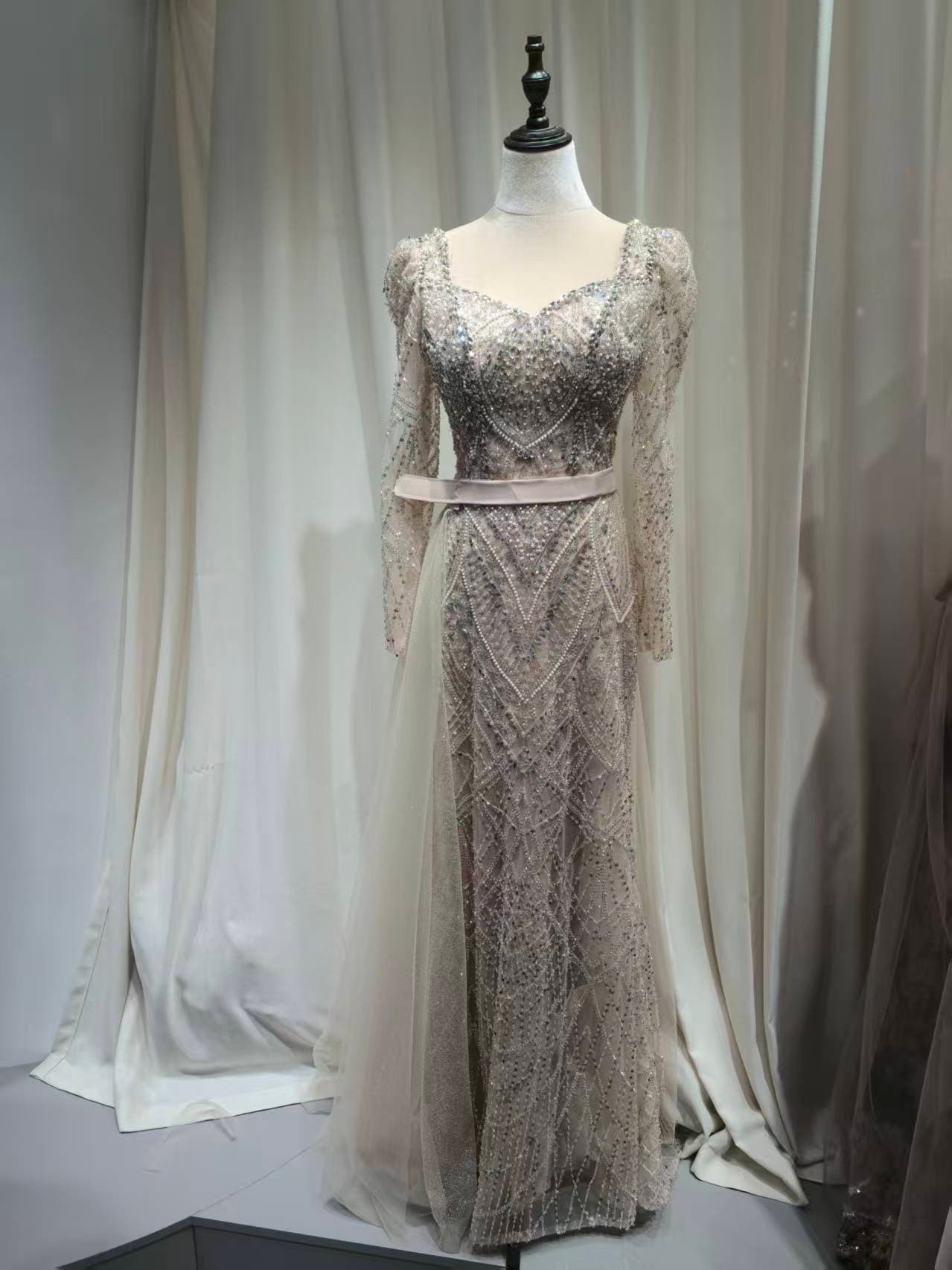 Women’s Distinction Champagne Gown with Crystal Embellishments.